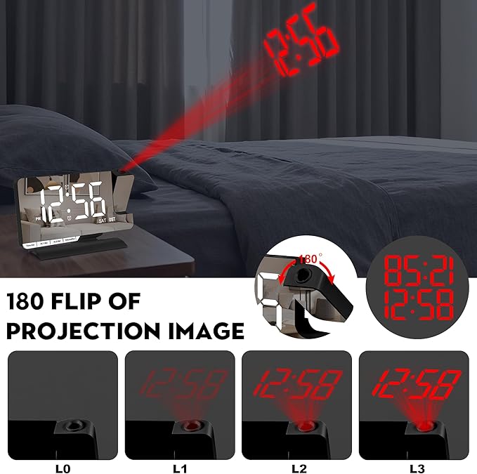 SZELAM Digital Clock,Alarm Clock Bedside with Projection,7.3" Mirror Clock with 180°Rotating Projector,Dual Alarm with 3 Mode,Brightnee Adjust,DST,Snooze,Charging Port,5 Levels Volume for Desk Teens
