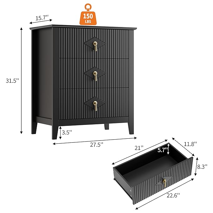 GarveeHome 2Pcs Wood Nightstand Fluted Dresser for Bedroom, 27.5" Wide 3-Drawer Bedside Tables, Modern Chest of Drawers, Storage End Table Living Room, Hallway, Entryway, Black