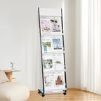 4-Tier Floor-Standing Magazine Rack with Wheels – Perfect Brochure Display Stand for Exhibitions, Offices, and Information Hubs (Black-White)