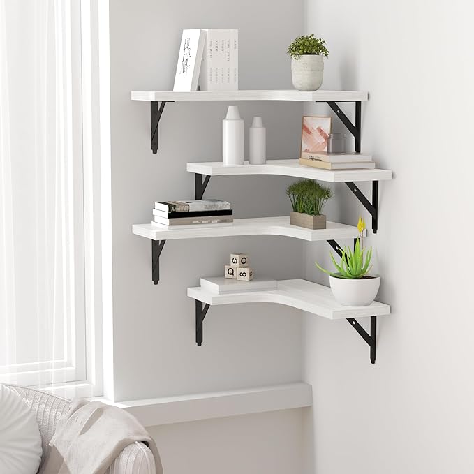 Corner Floating Shelves Wall Mounted Set of 4, Rustic Wood Storage Display Wall Shelves for Home Decor, Bathroom, Kitchen, Bedroom, Living Room, Office (White)