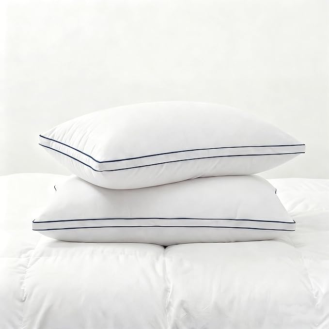 Feather Pillows Queen Size Set of 2 Goose Down Pillows with 100% Breathable Cotton Cover, Hotel Collection Bed Pillows for Sleeping, Soft Support for Back, Stomach and Side Sleepers