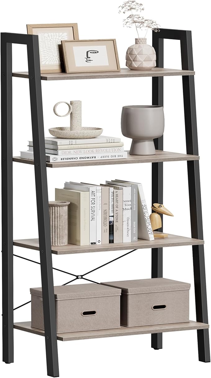 VASAGLE Ladder Shelf, 4-Tier Bookshelf, Storage Rack, Bookcase with Steel Frame, for Living Room, Home Office, Kitchen, Bedroom, Industrial Style, Heather Greige and Ink Black ULLS44MB