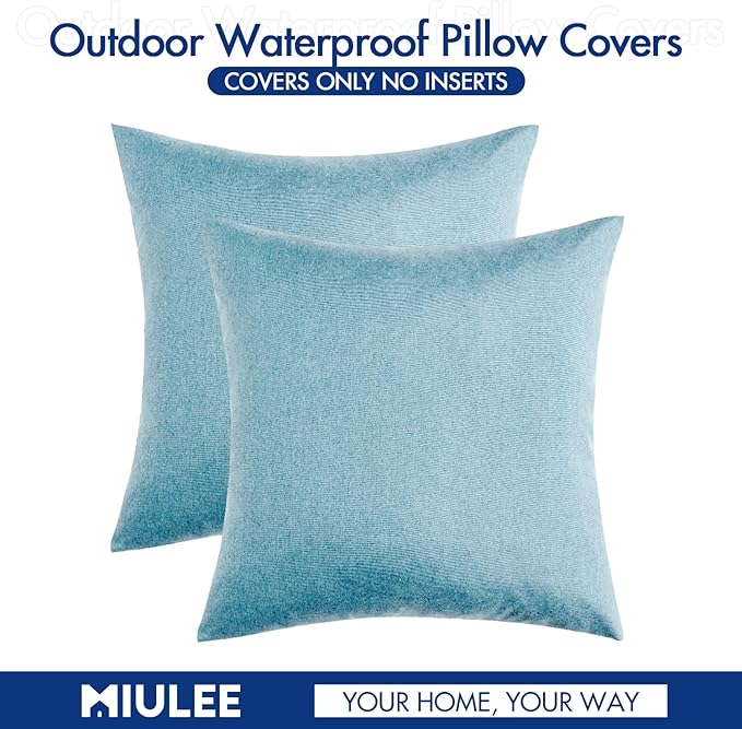 MIULEE Pack of 2 Decorative Outdoor Solid Waterproof Throw Pillow Covers Faux Linen Garden Farmhouse Coastal Cushion Cases for Summer Patio Tent Balcony Couch Sofa 20x20 Inch Blue Gray