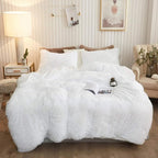 XeGe Plush Shaggy Duvet Cover Set, Luxury Ultra Soft Crystal Velvet Fluffy Bedding Sets 3 Pieces(1 Furry Faux Fur Comforter Cover + 2 Fuzzy Faux Fur Pillowcases), Zipper Closure(Queen, White)