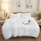 XeGe Plush Shaggy Duvet Cover Set, Luxury Ultra Soft Velvet Fluffy Bedding Sets 3 Pieces(1 Furry Faux Fur Comforter Cover King Size + 2 Fuzzy Faux Fur Pillowcases), Zipper Closure(King, White)