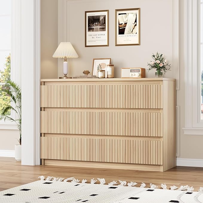 Oak 6 Drawer Dresser for Bedroom, Modern Fluted Dresser, Bedroom Dressers with Drawers, Large Double Wooden Chest of Drawers for Living Room, Hallway