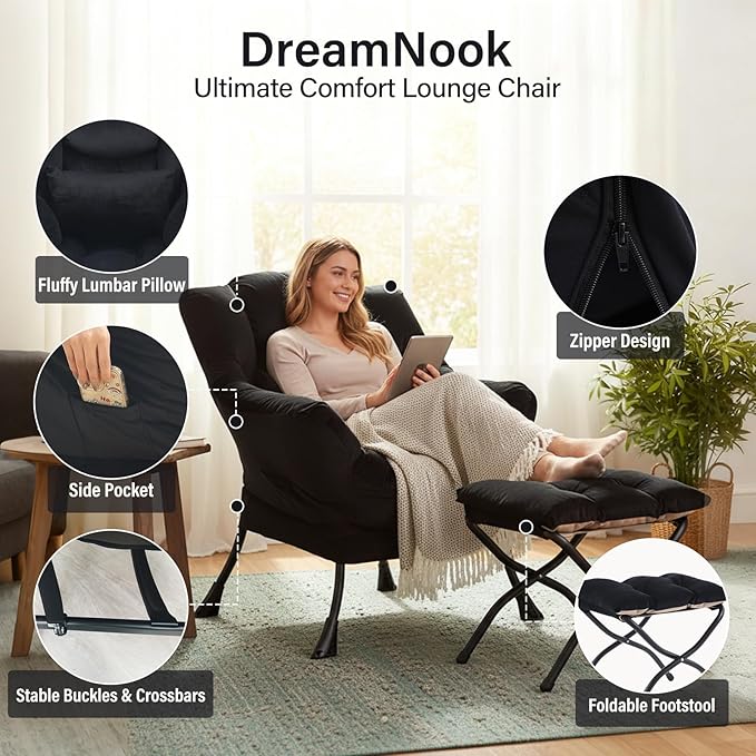 Lazy Chair with Ottoman, Modern Accent Chair with Lumbar Pillow, Velvet Black Sofa, Lounge Chairs with Folding Footrest, Oversized Supportive Chairs for Bedroom, Reading