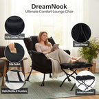 Lazy Chair with Ottoman, Modern Accent Chair with Lumbar Pillow, Velvet Black Sofa, Lounge Chairs with Folding Footrest, Oversized Supportive Chairs for Bedroom, Reading