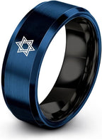 Mezuzah star Of David Ring - Gift for Jewish Family - Flat Dome Bevel - 8mm - Men Women - Yellow Gold Black Silver Blue - Anniversary Wedding - Personalized Custom Engraving - Band - Brushed Polished