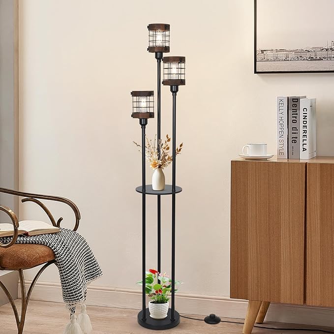 Airposta Vintage Floor Lamp with Shelves, Farmhouse Wood Floor Lamps for Living Room, Black Standing Lamp for Bedroom, Industrial Floor Lamp with Table, Rustic Tall Lamp for Office Corner Home Décor