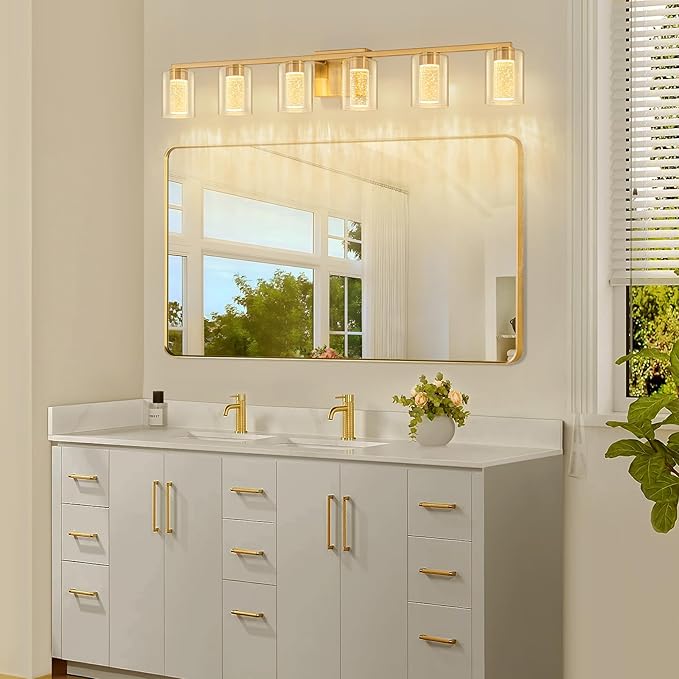 SineRise 6-Light Gold Vanity Light with 3 Color Modes (3000K/4000K/6000K), Eye Protection LED Bathroom Light Fixture, Dimmable Modern Wall Light Over Mirror with Clear Glass Shade