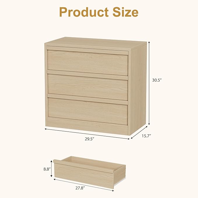 GarveeHome 3 Drawer Dresser for Bedroom, Natural Oak Nightstand 3 Chest of Drawers with Large Storage, Small Modern Bedside End Table for Living Room, Nursery, Entryway