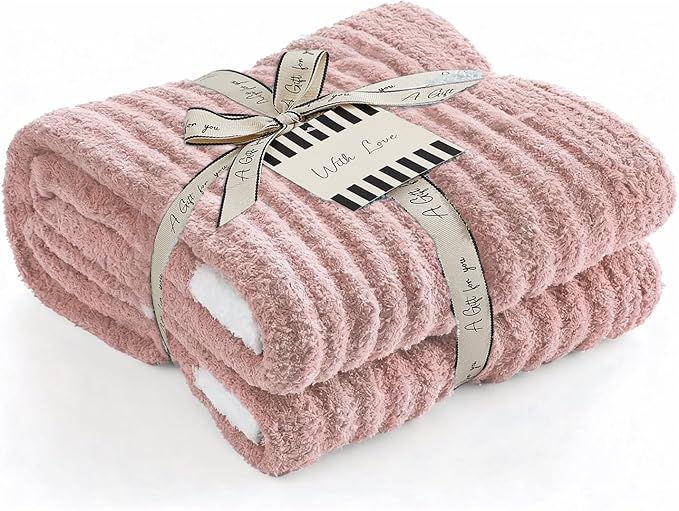 WRENSONGE Striped Throw Blanket, Pink Soft Cozy Fluffy Warm Hand Made Throw Blankets for Couch, Sofa, Chair, Bed, Camping, Picnic, Travel Lightweight Bed Blanket - 50"*60"