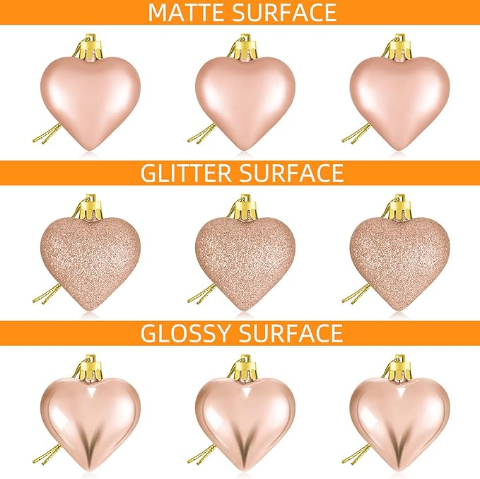 Skylety 30 Pieces Valentine's Day Heart Ornaments, Heart Shaped Decorations Tree Hanging Baubles for Valentine Wedding Anniversary, 3 Styles 2 Size (Rose Gold)