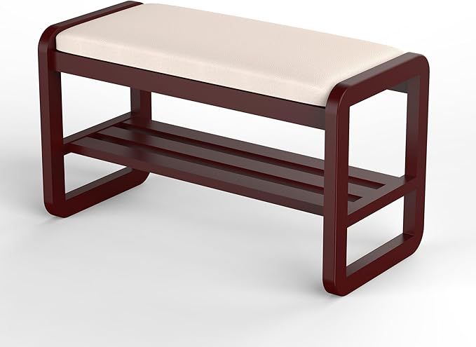 Solid Wood Shoe Rack, 2 Tier Shoe Storage Bench with Cushion Seat, 8 Pair Shoe Organizer for Entryway, Walnut, 32 Inch