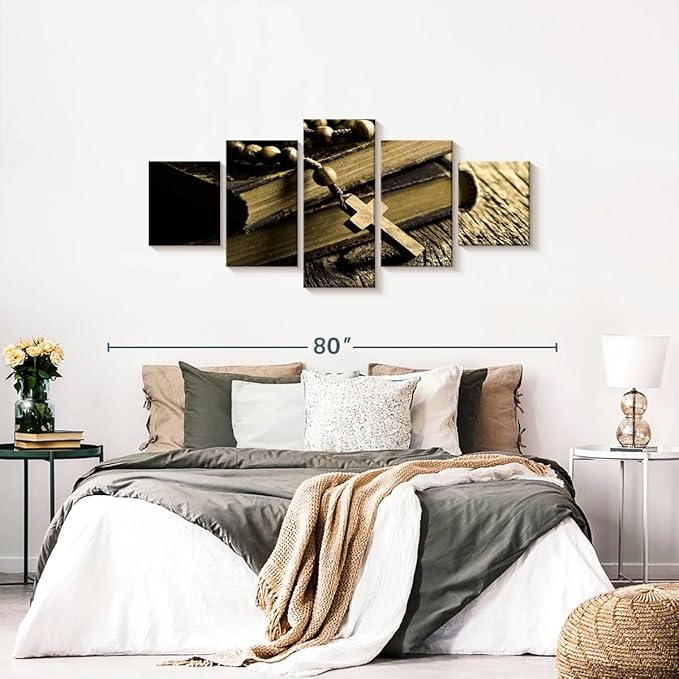 Elephant Stock Bible And Cross Wall Art Multi Piece Canvas - 5 Panel Christian Pictures Decor - Digital Design Canvas Print - Christian Wall Decor - 68" X 30"