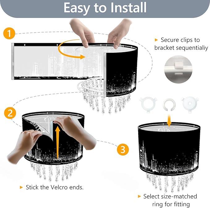 City Skyline Lamp Shade with Acrylic Bead Droplets, Black & White Drum Fabric Light Shade for Ceiling Pendant Table & Floor Lamps, Modern Home Decor, 11.8in