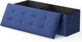 MoNiBloom 43 Inches Folding Storage Ottoman Bench, Storage Chest, Padded Seat, End of Bed Bench, Linen Fabric Ottoman Footrest for Living Room, Bedroom, Entryway, Navy Blue