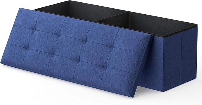 MoNiBloom 43 Inches Folding Storage Ottoman Bench, Storage Chest, Padded Seat, End of Bed Bench, Linen Fabric Ottoman Footrest for Living Room, Bedroom, Entryway, Navy Blue