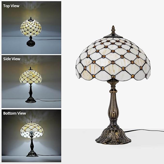 Tiffany Lamp Vintage White Cream Stained Glass Bead Table Lamp Desk Bedside Reading Light Decor Bedroom Living Room Home Office D12*H18 Inches
