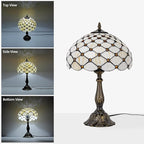 Tiffany Lamp Vintage White Cream Stained Glass Bead Table Lamp Desk Bedside Reading Light Decor Bedroom Living Room Home Office D12*H18 Inches