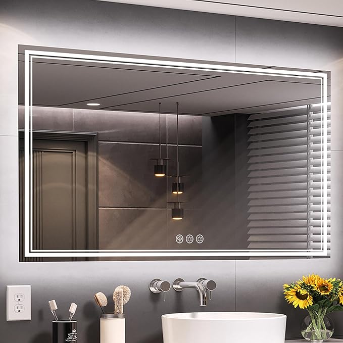 55x30 Inch LED Bathroom Mirror with Frontlit & Backlit（Independent Control）, Lighted Mirror for Bathroom Wall with 3-Color Dimmable & Anti-Fog, Vanity Mirror with Lights