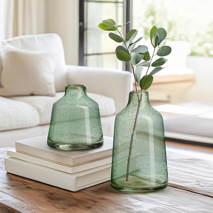 Torre & Tagus 10 Inch Tall Green Glass Vase with Gold Flakes, Mouth Blown Glass Vases Green Flower Vase Centerpieces, Watertight for Hydroponic Plants, Coastal Seagreen Gold Decor Accents (Marina)