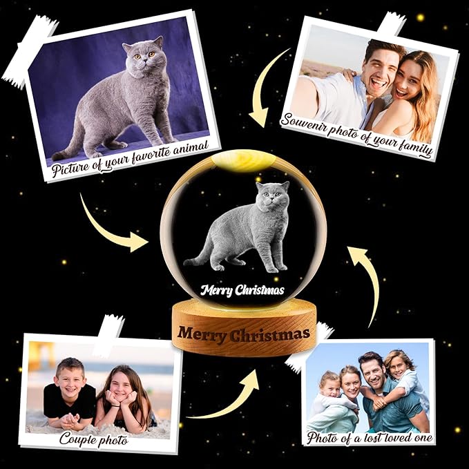 Custom Snow Globes with Photo Name Christmas Snow Globes with Light-Up Base Personalized Engraving Crystal Snowglobe Gifts for Family Women Men Kids Xmas Gift (Snow Globe)