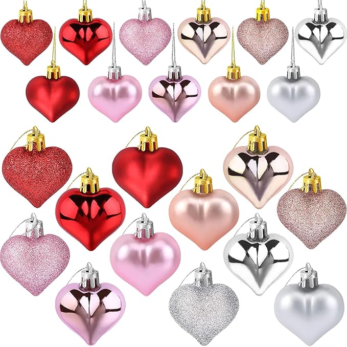 36 Pcs Valentine Heart Shaped Ornaments, Rose Gold Silver Pink Red Heart Ornaments for Mother's Day Christmas Wedding Anniversary Valentines Day Hanging Decorations