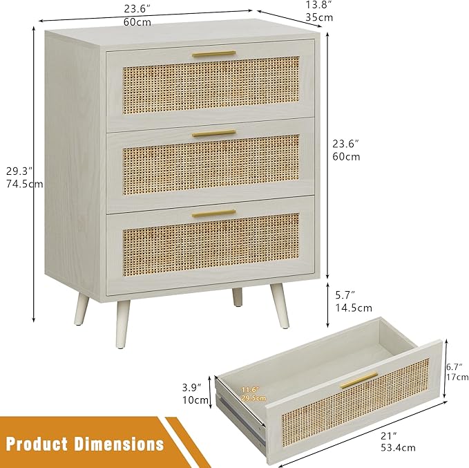 Rattan Night Stand Boho End Table with 3 Storage Drawer Wooden Bedside Tables Bed Side Table Accent Tables for Bedroom Small Space (White Cream Oak)