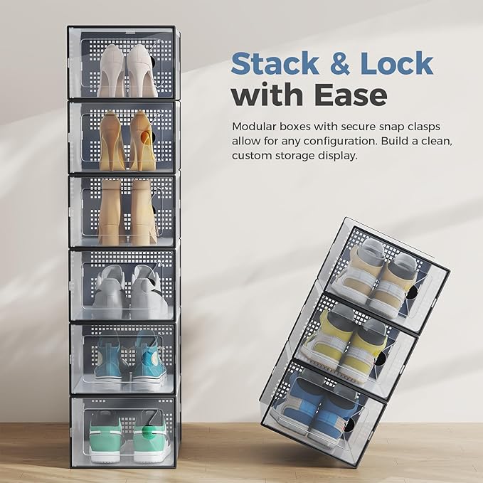 DUMOS Stackable Shoe Storage Boxes, 12-Pack Plastic Shoe Organizers with Lids, Large Shoe Rack & Holder for Closet, Under Bed, Entryway, Sneaker Display and Storage Containers, Black
