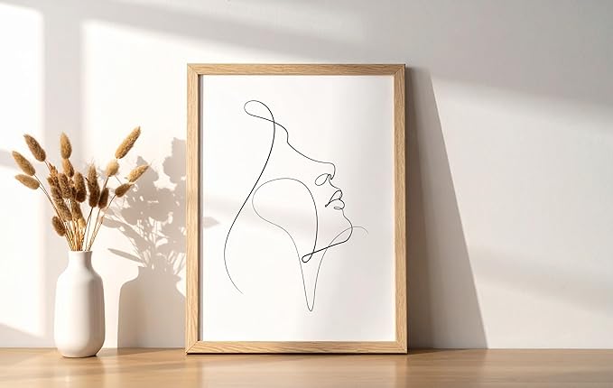 Minimalist Woman Profile Wall Art Upward Gaze Continuous Line Drawing Feminine Face 8x10 Inch Oak Wood Beige Framed Modern Aesthetic Print for Living Room