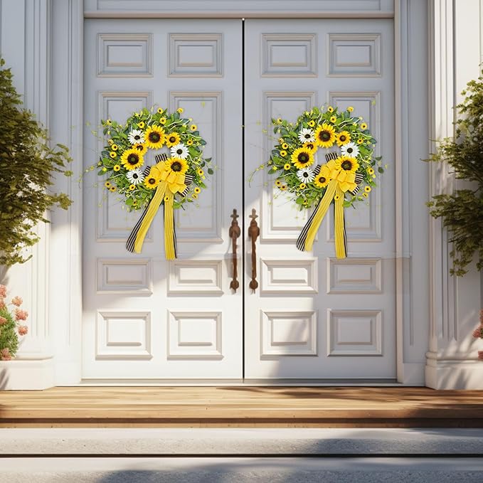 Sunflower Wreaths for Front Door, Soomeir Artificial Spring Summer Wreath with Burlap Bow, Door Wreath for Outside All Season Indoor Outdoor Home Wall Wedding Farmhouse Holiday