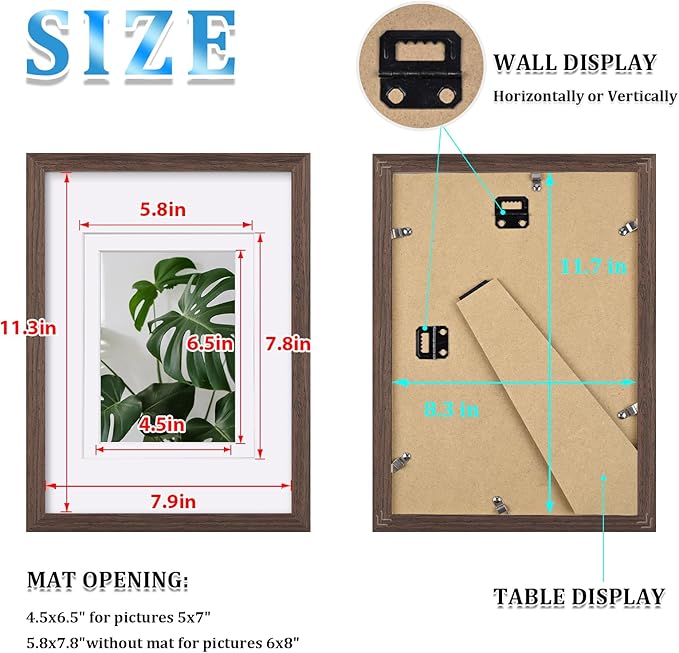 Egofine A4 Picture Frames Set of 4, Made of Solid Wood Covered by Plexiglass 5x7 and 6x8 with Mat or A4 without Mat, for Table Top Display and Wall Mounting Photo Frame Brown