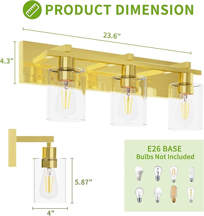 Espird Bathroom Vanity Light, 3 Light Gold Light Fixture with Thickened Clear Glass Shade, 21 inch Modern Wall Sconce,Vanity Light Over Mirror for Bathroom