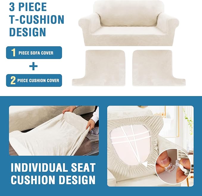 H.VERSAILTEX Sofa Cover 3 Piece T Cushion Loveseat Slipcovers Thick Velvet Couch Cover Stretch T Cushion Sofa Covers for 2 Cushion Couch with 2 Individual T Cushion Covers, Cream