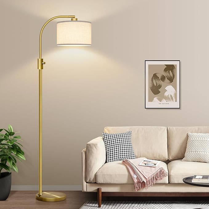Nintiue Upgraded Modern Arc Dimmable Tall Standing Floor Lamp with Linen Shade, 1200 Lumens LED Bulb Included, for Living & Reading Room, Bedroom, Office & Nursery, Brass
