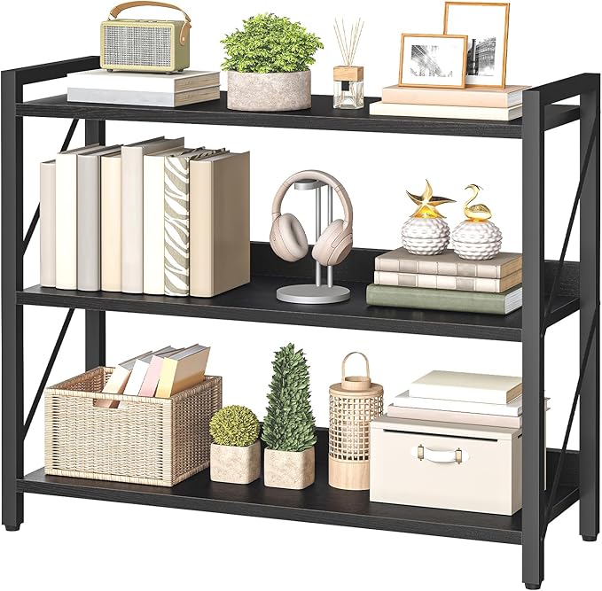 HOOBRO Bookshelf, 3-Tier Industrial Bookcase, Book Shelf Storage Organizer, Bookshelf with Metal Frame for Living Room, Bedroom, Home Office, Kitchen, Black BB718SJ01