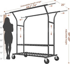 Raybee 74" W Heavy Duty Clothes Rack, Double Rods Clothing Rack Load 630 LBS, Rolling Clothes Racks for Hanging Clothes 400+, Garment Rack with shelves for Bedroom, Laundry Room, Retail Store