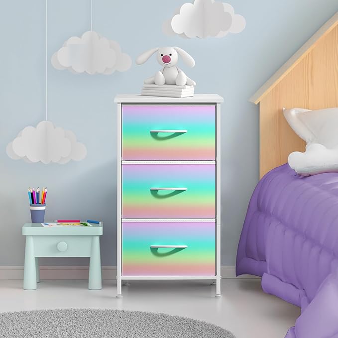 Sorbus Nightstand with 3 Drawers - Bedside Furniture & Accent End Table Chest for Home, Bedroom Accessories, Office, College Dorm, Steel Frame, Wood Top, Pastel Fabric Bins