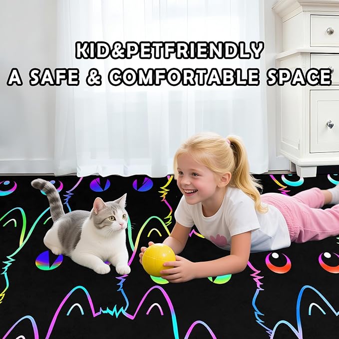 Black Cat Rug for Bedroom, Kids Cat Carpet for Girls Room Decor, Funny Cats Rugs Room Decor Playroom Cute Cats Themed Kids Area Rug Washable Non Slip Childrens Bedroom Mat 4x5 Feet