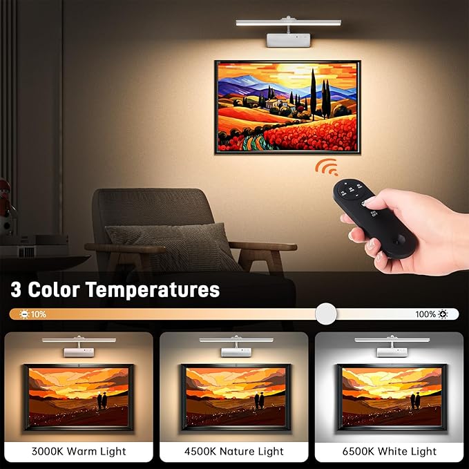Picture Light, 15.35inch Wireless Picture Lights for Wall Rechargeable, Battery Lights for Pictures on Wall, 3 Color Art Lighting for Paintings with Timer and Dimmable Artwork Display (Silver-2PCS)