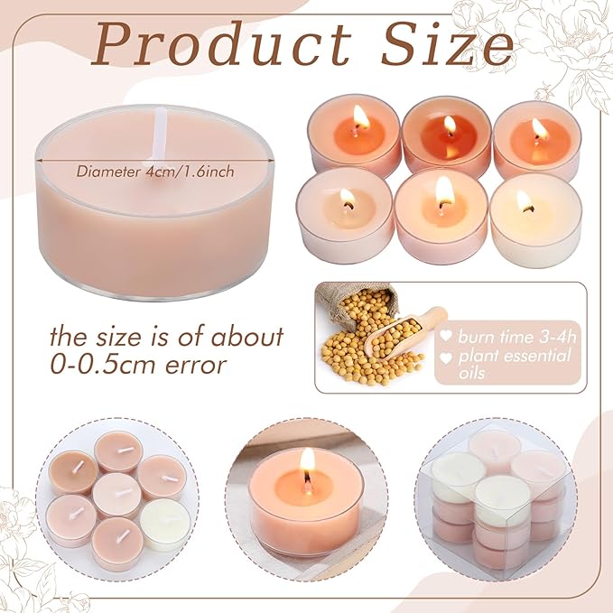 Honoson 12 Pack Brown Tea Lights Candles Brown Round Tea Light Natural Wax Scented 6 Scents Conversation Candle for Spring Easter Wedding Engagement Gifting Aromatherapy Anniversary Summer Home Decor