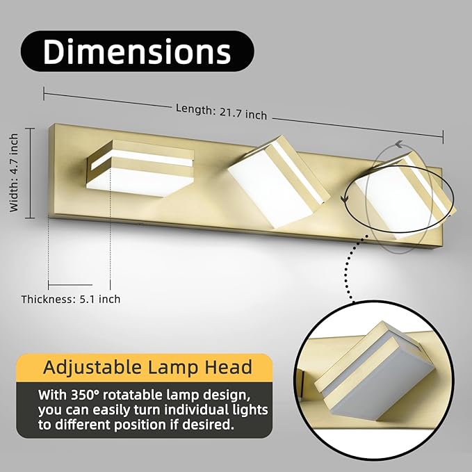 OKELI 5-Light Bathroom Vanity Light Gold Modern LED Vanity Light Over Mirror Dimmable Mirror Front Lamp with 350° Adjustable Lamp Head ETL Listed 32W 6000K Cold White