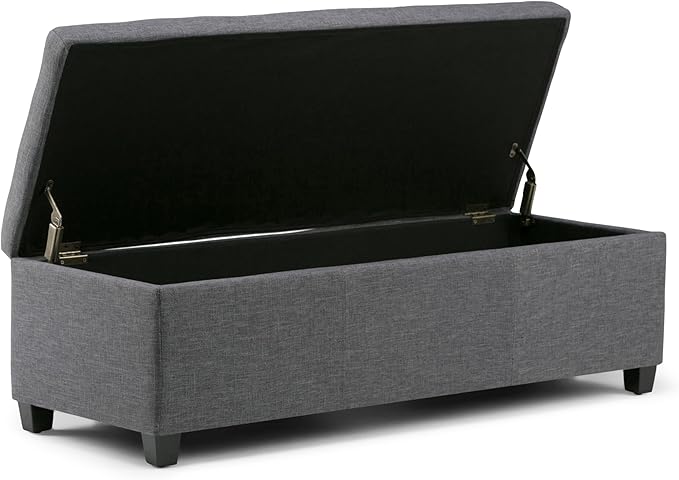 SIMPLIHOME Avalon Storage Ottoman Bench - 48 inch Wide Upholstered Linen Look Fabric Rectangular Lift-Top Ottoman in Slate Grey, Contemporary Storage Bench for Living Room with High-Density Foam
