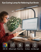 LED Desk Lamp for Home Office, Eye-Caring Desk Light with Clamp, Stepless Dimming 24W Double Head Architect Task Lamp with Remote Control, Flexible Arm, for Working, Studying, Reading, Drafting