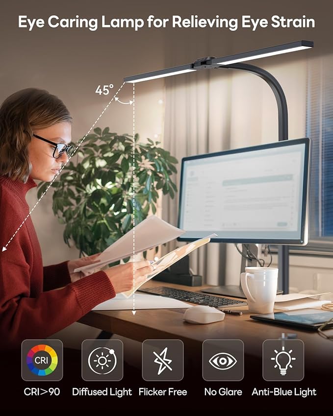 LED Desk Lamp for Home Office, Eye-Caring Desk Light with Clamp, Stepless Dimming 24W Double Head Architect Task Lamp with Remote Control, Flexible Arm, for Working, Studying, Reading, Drafting