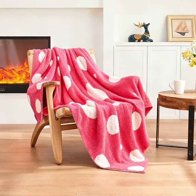 CozeCube Super Soft Fullfy Microfiber Reversible Knitted Blankets, Warm Cozy Fuzzy Plush Throw, Hot Pink and White Polka Dot Throw Blanket for Couch Bed Sofa, 50" x 60"