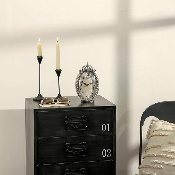NIKKY HOME Vintage Table Clock, Silent Non-Ticking Battery Operated Desk Shelf Mantel Small Metal Clock for Living Room Decor - Retro Silver