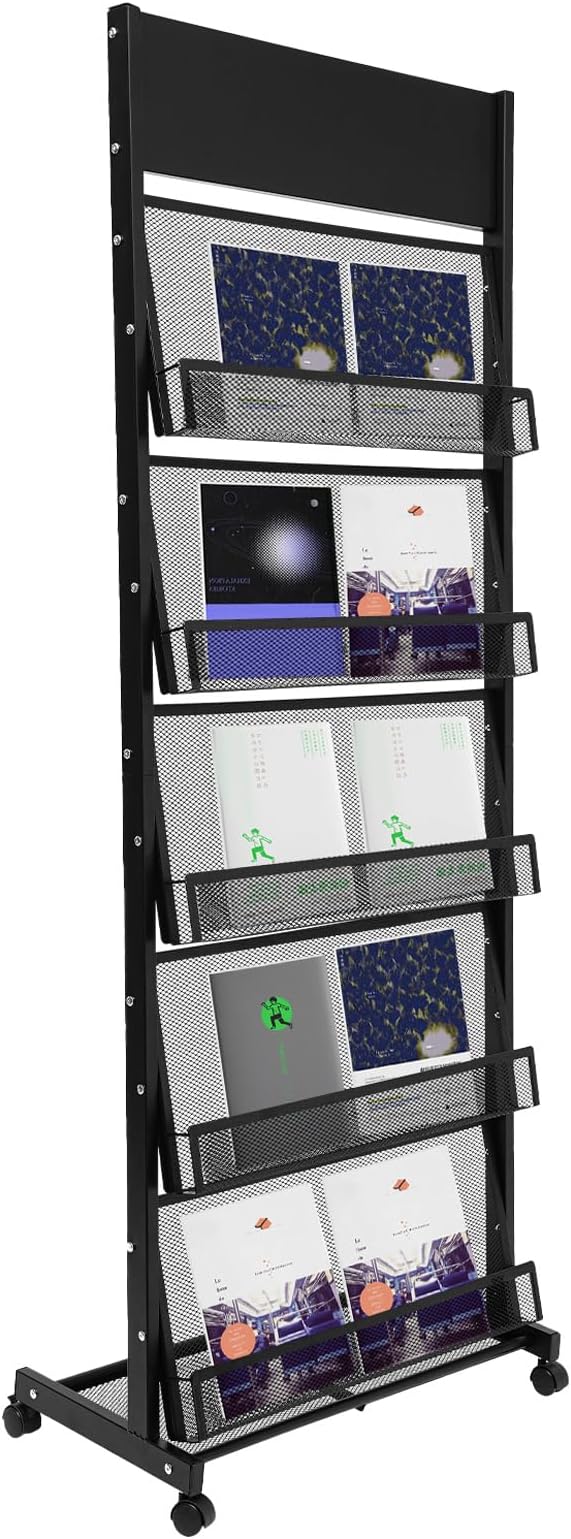 Floor-Standing Magazine Rack, 5-layer Brochure Holder Display Stand with Wheels, High-hardness Metal Literature Rack for Office, Exhibitions, and Any Organization Requiring Information Display